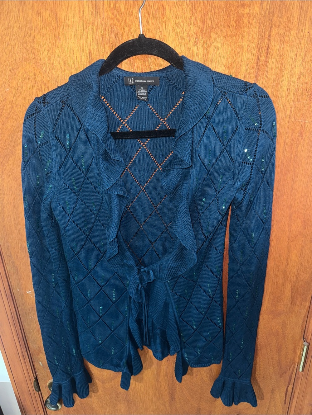 INC International Concepts Teal Knit Ruffle Tie-Front Cardigan